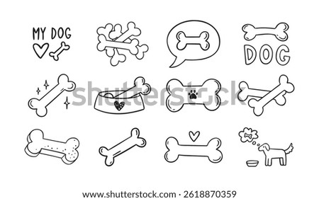 Hand drawn doodle bone for dogs set. Outline isolated drawing bones on white background. Line bone icons. . Vector illustration