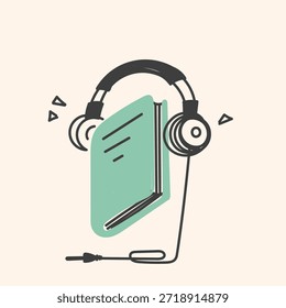 Dibujado a mano Doodle libro y auriculares ilustración Vector de dibujos animados