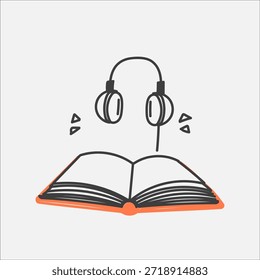 Dibujado a mano Doodle libro y auriculares ilustración Vector de dibujos animados