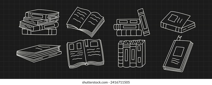 Hand drawn doodle books on black background. Vector illustration