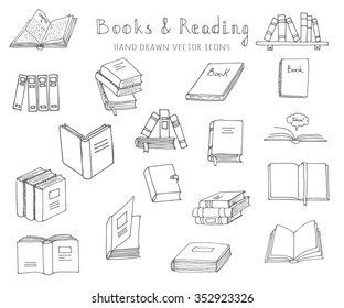 Hand drawn doodle Books and Reading set Vector illustration Sketchy set of book icons elements Vector symbols of reading and learning Educational club illustration Education logo element