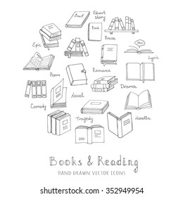 Hand drawn doodle Books and Reading set Vector illustration Sketchy set of book icons elements Vector symbols of reading and learning Educational club illustration Education logo element