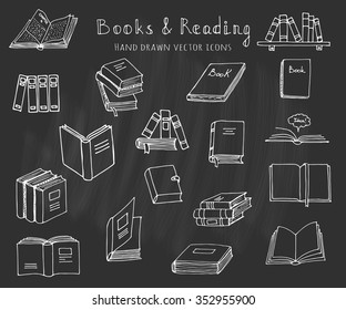 Hand drawn doodle Books and Reading set Vector illustration Sketchy set of book icons elements Vector symbols of reading and learning Educational club illustration Education logo element