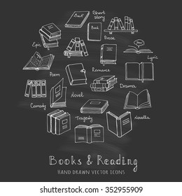 Hand drawn doodle Books and Reading set Vector illustration Sketchy set of book icons elements Vector symbols of reading and learning Educational club illustration Education logo element