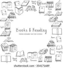 Hand drawn doodle Books and Reading set Vector illustration Sketchy set of book icons elements Vector symbols of reading and learning Educational club illustration Education logo element