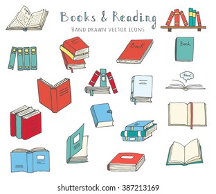 Hand drawn doodle Books and Reading set Vector illustration Sketchy set of book icons elements Vector symbols of reading and learning Educational club illustration Education logo element