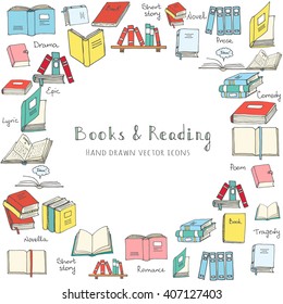 Hand drawn doodle Books and Reading set Vector illustration Sketchy set of book icons elements Vector symbols of reading and learning Educational club illustration Education logo element