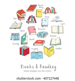 Hand drawn doodle Books and Reading set Vector illustration Sketchy set of book icons elements Vector symbols of reading and learning Educational club illustration Education logo element