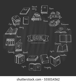 Hand drawn doodle Books Reading set. Vector illustration. Sketchy icons elements. Vector symbols of reading and learning. Book club illustration. Back to school Education University College symbols