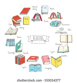 Hand drawn doodle Books Reading set. Vector illustration. Sketchy icons elements. Vector symbols of reading and learning. Book club illustration. Back to school Education University College symbols