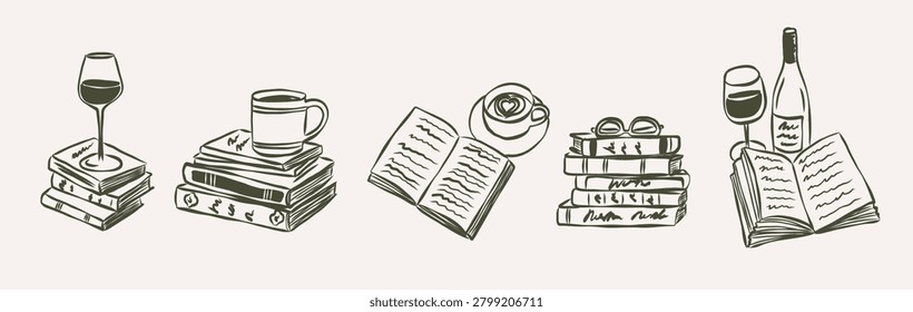Hand drawn doodle books, wine and coffee elements