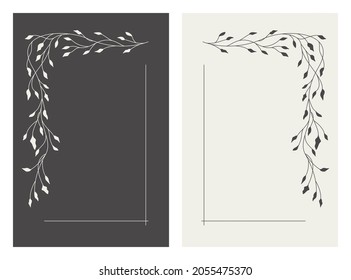 Hand drawn doodle botanical floral laurel wreath with branches and leaves. Logo design, wedding, engagement invitations, greeting card, social media stories design template, background with copy space