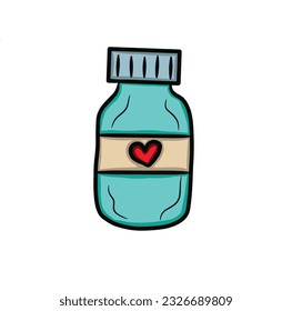 Hand drawn doodle bottle for pills isolated on white background