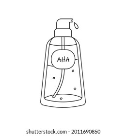 hand drawn doodle bottle of serum with AHA- acids outline,  isolated vector illustration on white background. skincare product