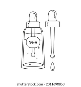 handgezeichnete Doodle-Serumflasche mit BHA-Säuren-Umriss, einzelne Vektorgrafik auf weißem Hintergrund. Hautpflegemittel