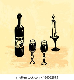 Hand drawn doodle bottle of wine, two glasses and a candles. Black illustration, yellow background.
