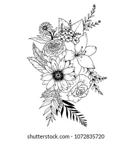 hand drawn doodle Bouquets flowers and plants. vector illustrations in sketch style.