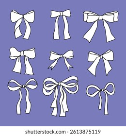 Hand drawn Doodle Bow Coquette Ribbon. Isolated vector illustration on blue background