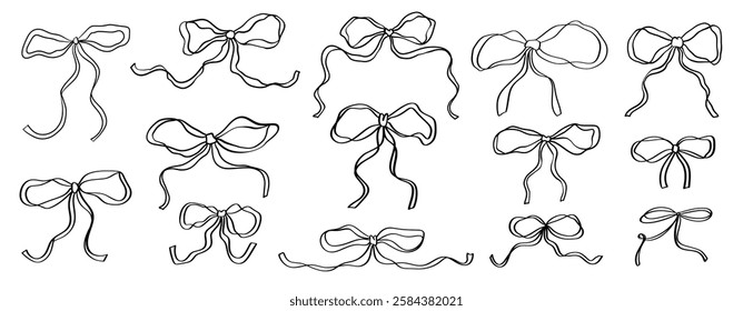 Hand drawn doodle bow ribbons. Vector illustration of vintage whimsical cute decorative bows. Coquette design elements in retro french style for wedding or christmas invitation, dinner menu.
