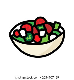 hand drawn doodle bowl of Greek or Cypriot salad. Meze. Tomatoes, cucumbers and cheese in a beige bowl. Vector illustration isolated on a white background