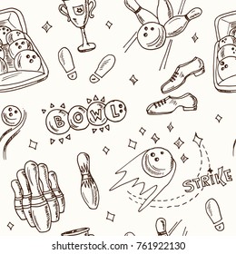 Hand drawn doodle bowling seamless pattern Vector illustration. Symbol collection.
