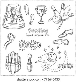 Hand drawn doodle bowling set. Vector illustration. Isolated elements on white background. Symbol collection.