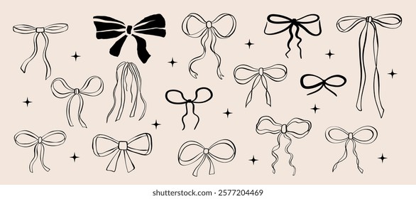 Hand drawn doodle bows and ribbons set. Retro vector illustration for poster, greeting cards, birthday gift, wedding invitations, branding, logo. Linear sketch. 
