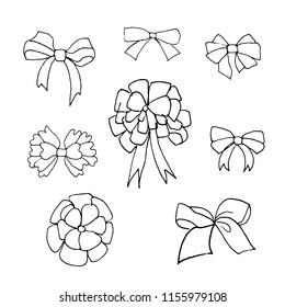 Hand drawn doodle bows set.Perfect for invitation, greeting card, coloring book, textile print.