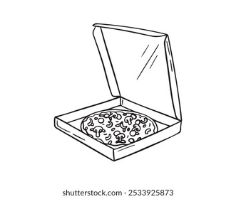 Hand drawn doodle box of pizza. Sketch Open pizza box. Drawing Pizza in cardboard box. Delivery vintage element. Vector illustration