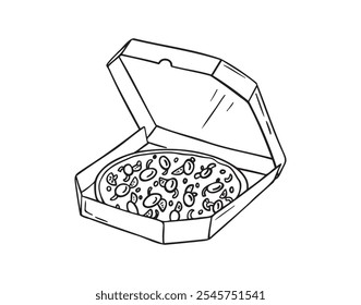 Hand drawn doodle box of pizza. Sketch Open pizza box. Drawing Pizza in cardboard box. Delivery vintage element. Vector illustration