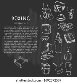 Hand drawn doodle Boxing set Vector illustration Sketchy sport related icons Cartoon box related elements, uniform: gloves, shoes, helmet, ring, belt