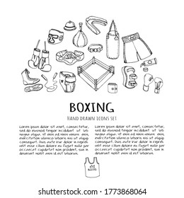 Hand drawn doodle Boxing set Vector illustration Sketchy sport related icons Cartoon box related elements, uniform: gloves, shoes, helmet, ring, belt, trophy