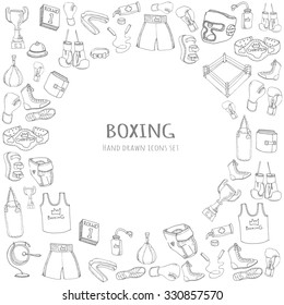 Hand drawn doodle boxing set Vector illustration Sketchy sport related icons boxing elements, boxing uniform, gloves, shoes, helmet, boxing ring, belt, trophy, box, martial art, combat sport