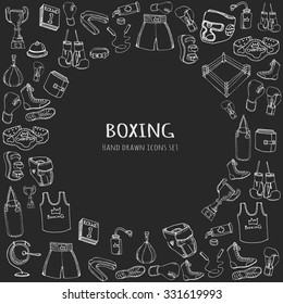 Hand drawn doodle boxing set Vector illustration Sketchy sport related icons boxing elements, boxing uniform, gloves, shoes, helmet, boxing ring, belt, trophy