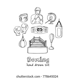 Hand drawn doodle boxing set. Vector illustration. Isolated elements on white background. Symbol collection.