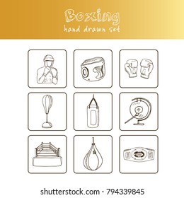 Hand drawn doodle boxing set. Vector illustration. Isolated elements on white background. Symbol collection.