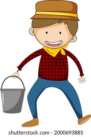 Hand drawn doodle of a boy cartoon character holding a water bucket illustration