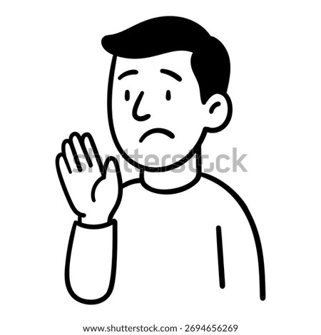 Hand drawn doodle boy character raising hand in refusal with sad face. Stock vector illustration in hand drawn style.  