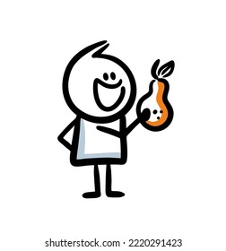 Hand drawn doodle boy with exotic fruit in the hand. Vector illustration of funny people and healthy food.