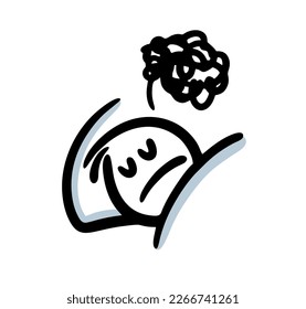 Hand drawn doodle boy is sleeping on the bed and has a nightmare. Vector illustration of a frightened stick figure character under blanket on  pillow.