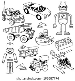 Hand drawn doodle boys toys set. Vector illustration. 