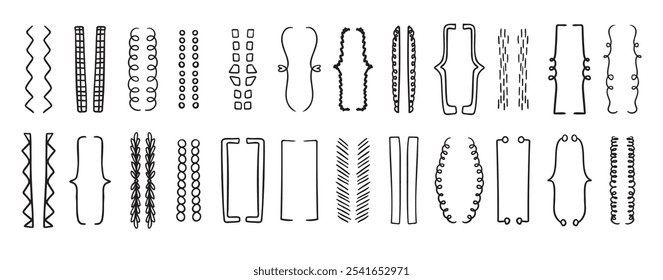 Hand drawn doodle brackets set. Scribble brackets and drawing in black. Shaded, wavy frames for text, silhouettes of parenthesis. Vector illustration