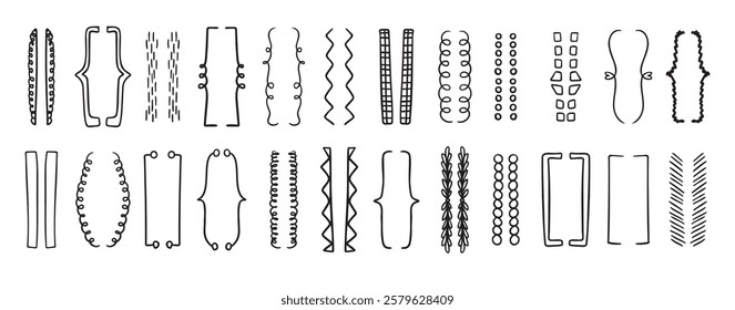 Hand drawn doodle brackets set. Scribble brackets and drawing in black. Shaded, wavy frames for text, silhouettes of parenthesis. Vector illustration