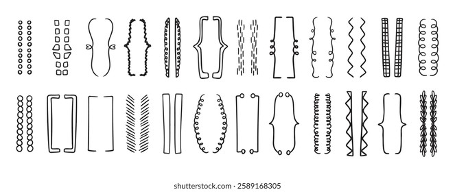 Hand drawn doodle brackets set. Scribble brackets and drawing in black. Shaded, wavy frames for text, silhouettes of parenthesis. Vector illustration