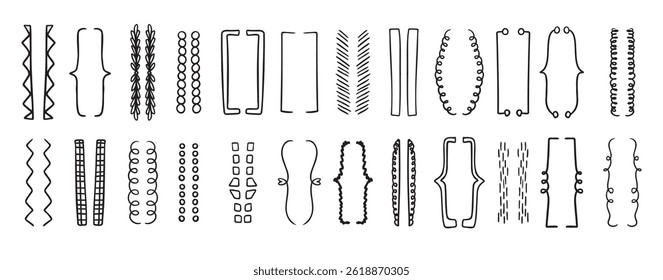 Hand drawn doodle brackets set. Scribble brackets and drawing in black. Shaded, wavy frames for text, silhouettes of parenthesis. Vector illustration