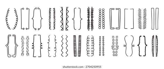Conjunto de soportes de doodle dibujados a mano. Brackets de garabatos y dibujo en negro. Marcos sombreados y ondulados para texto, siluetas de paréntesis. Ilustración vectorial