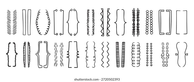Conjunto de soportes de doodle dibujados a mano. Brackets de garabatos y dibujo en negro. Marcos sombreados y ondulados para texto, siluetas de paréntesis. Ilustración vectorial