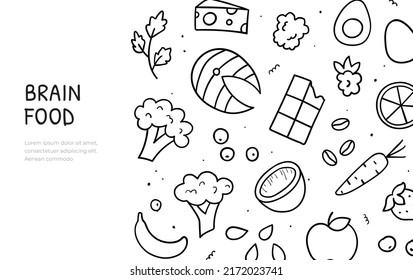 Hand drawn doodle of brain food theme items. Berries and vegetables, nuts and egg, fish and chocolate. Web banner template. Vector illustration.