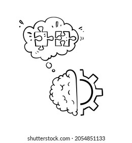 hand drawn doodle brain gear and puzzle symbol for solving problem illustration vector
