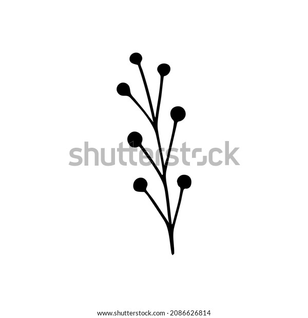 Hand drawn doodle branch with berries.\
Vector floral silhouette. Graphic design elements. Black and white\
botanical illustration.